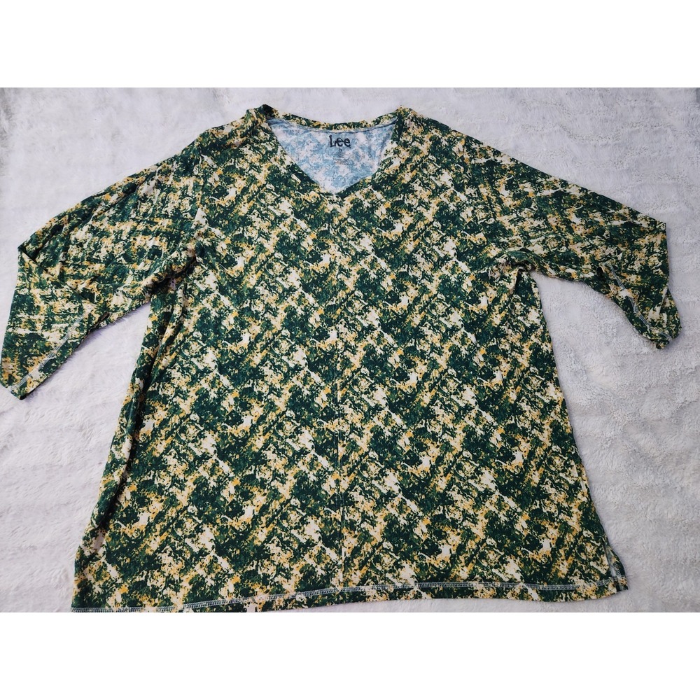 Women's Lee‎ Green Yellow White Abstract V-Neck 3/4 Casual Sleeve Blouse Size 2X